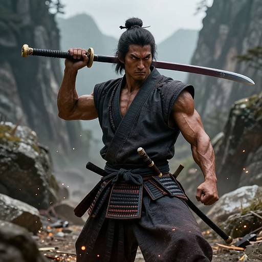 Muscular samurai with topknot, black sleeveless kimono, holding sword overhead, standing in rocky mountainous landscape, surrounded by scattered em