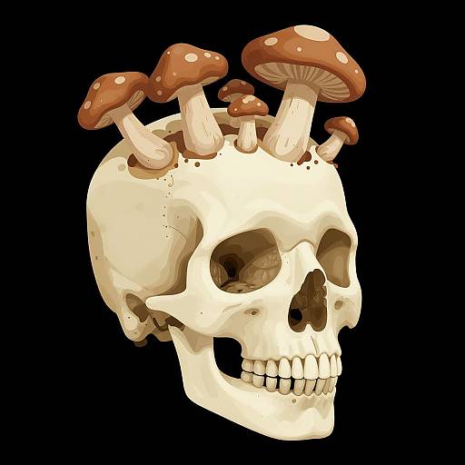 Digital illustration of a human skull with nine red-capped, white-spotted mushrooms growing from its top, set against a black background.