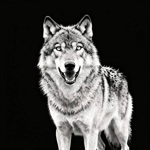 Black-and-white digital drawing of a smiling wolf with detailed fur texture, sharp eyes, and pointed ears against a solid black background.