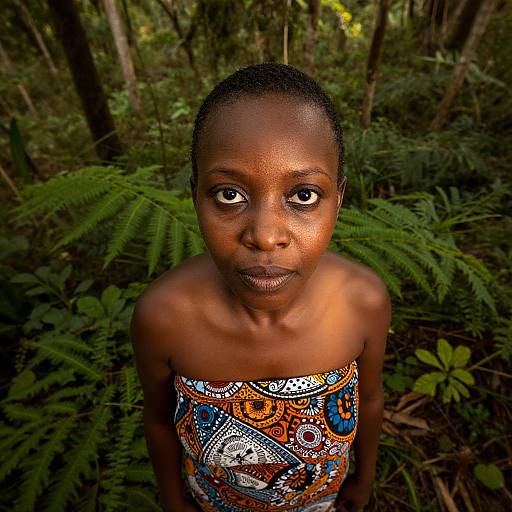 Photograph of a young, dark-skinned woman with short hair, wearing a colorful, patterned strapless top, standing in a lush forest with