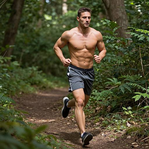 Photograph of a muscular, shirtless man with short dark hair, running on a forest trail in black shorts and sneakers.