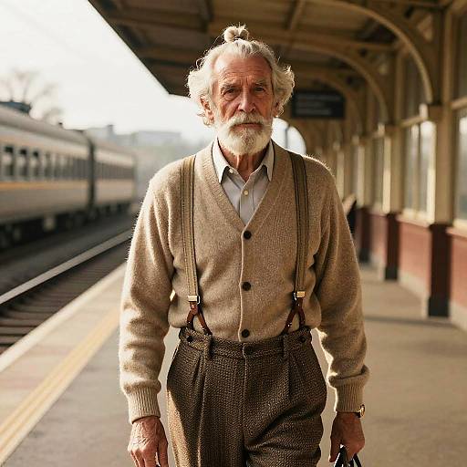 Elderly Man with Half Knot Hairstyle at Vintage Train Station