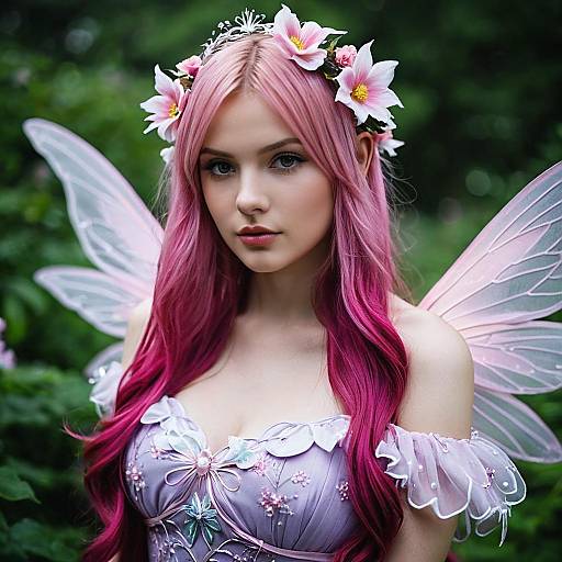 Young Woman in Pink Fairy Costume with Wings