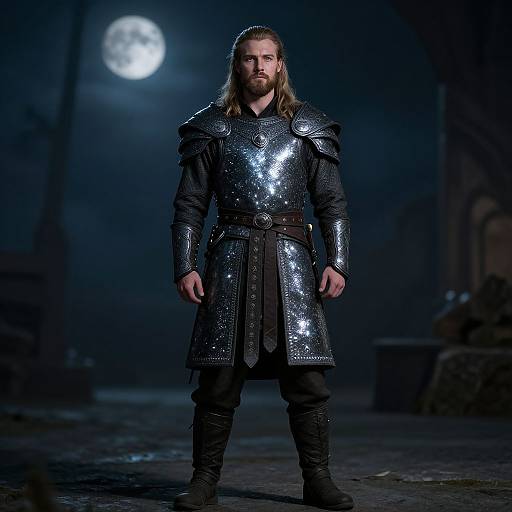 Photograph of a muscular man with long, blonde hair and beard, wearing shiny silver armor, black pants, and boots, standing under a full moon