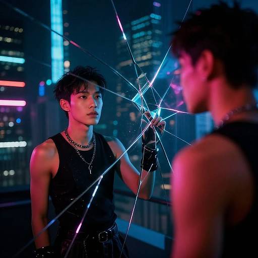 Photograph of an Asian man in a black tank top and necklace, breaking a mirror with neon lights in a cityscape background at night. Reflections