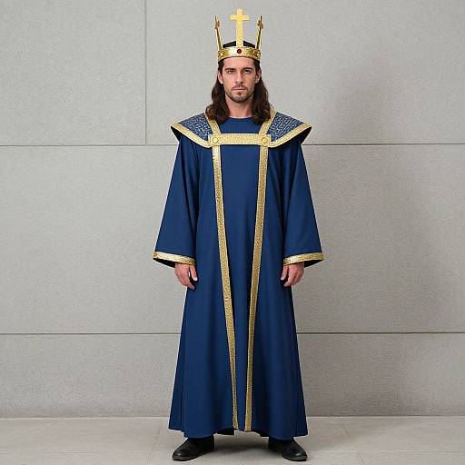 Photograph of a bearded man with long hair wearing a blue and gold royal robe and crown, standing against a gray wall.