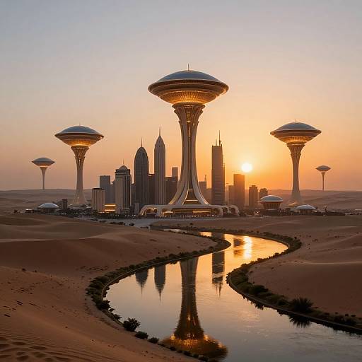 Futuristic Desert City with Floating Domes