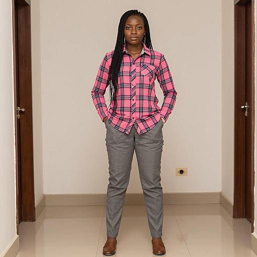 Confident African Woman in Plaid Shirt