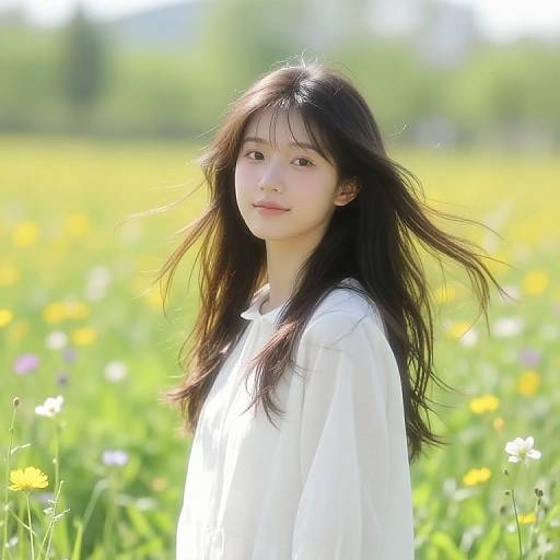 Photograph of an Asian woman with long black hair, wearing a white blouse, standing in a sunlit, colorful meadow with yellow and white flowers