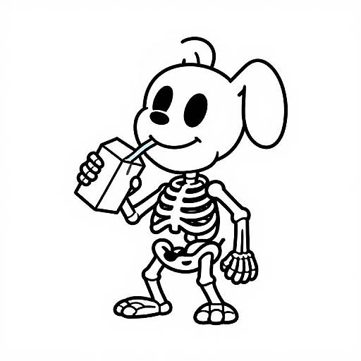 Black-and-white cartoon drawing of a skeleton dog with large eyes, wearing a striped shirt and holding a popsicle, walking.