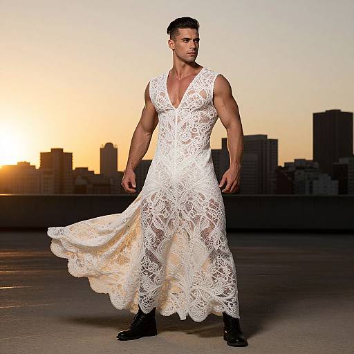 Photograph of muscular man in white lace sleeveless wedding dress, black boots, standing on rooftop at sunset with city skyline.