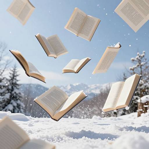 Photograph of open books floating in a snowy, winter landscape with snow-covered trees and a bright blue sky in the background.