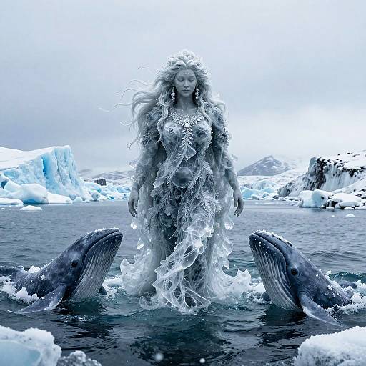 Photorealistic digital artwork: Mermaid with flowing silver hair in icy waters, wearing intricate fishnet dress, surrounded by two orcas, against a
