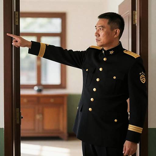 Serious Military Man in Sunlit Doorway