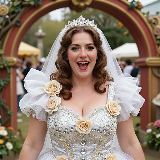 Photograph of a smiling, fair-skinned brunette bride with curly hair, wearing a white, beaded gown with cream roses, tiara, and