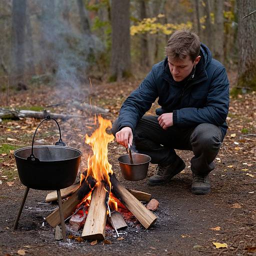 Photograph of a young man in a black jacket, crouching by a small campfire in a forest, cooking in a pot.