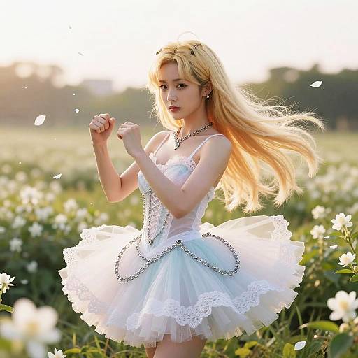 Photograph of a blonde woman with fair skin in a white lace tutu dress and chain necklace, standing in a sunlit field of white flowers,