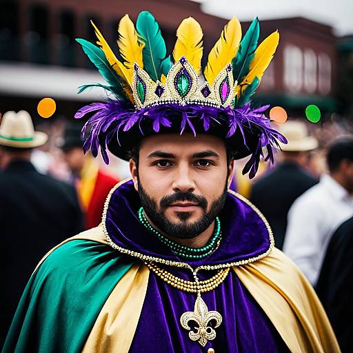 Man in Mardi Gras Costume with Feathered Crown