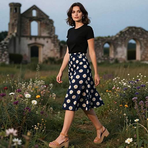 Photograph of a woman with wavy dark hair, wearing a black top and navy floral skirt, walking in a wildflower meadow with ancient,