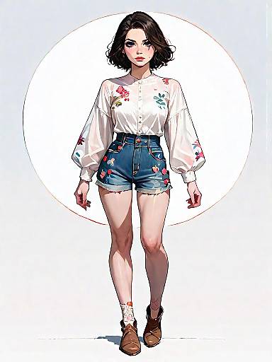 Boho Chic Woman in Embroidered Sheer Top and Denim Shorts