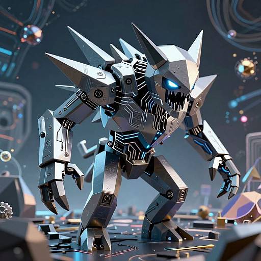 Digital CGI image of a futuristic, metallic, spiky robot with glowing blue eyes and intricate circuit patterns in a high-tech, sci-fi lab.