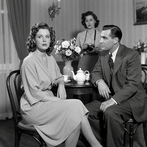 1940s Style Black-and-White Portrait with Camera and Tea