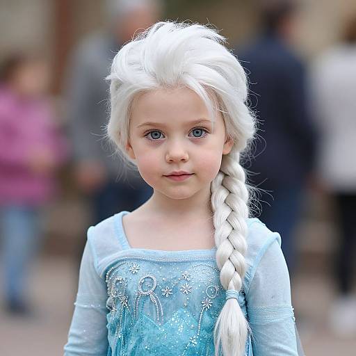 Photograph of a young girl with pale skin, blue eyes, and white braided hair wearing a light blue Elsa dress, standing outdoors with blurred background