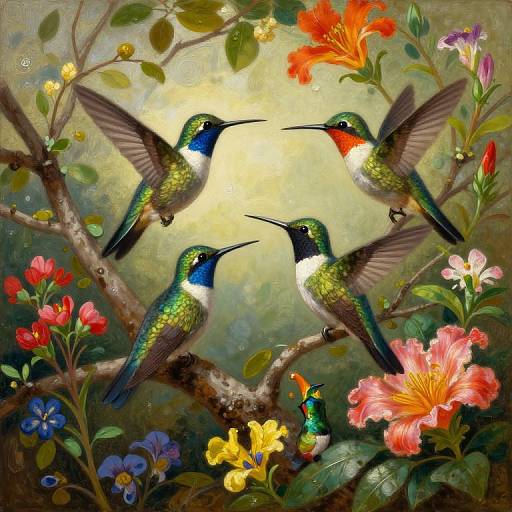 Vibrant digital painting of four hummingbirds with iridescent green feathers, perched on a branch surrounded by colorful flowers, engaging with each other