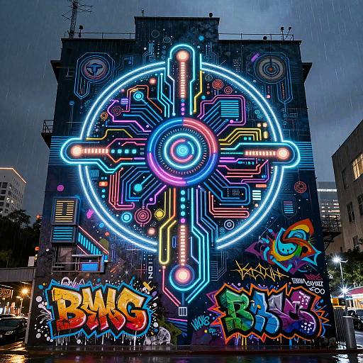Cyberpunk AI Graffiti Cityscape Mural