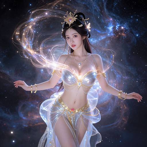 Digital artwork of an ethereal Asian woman with long black hair, wearing a glowing, transparent, gold-adorned outfit, floating in a cosmic background