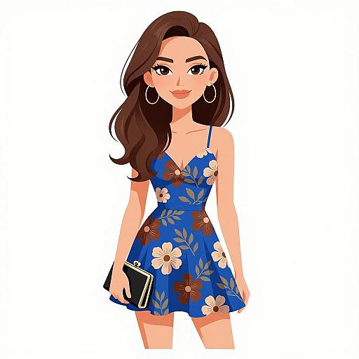 Digital illustration of a smiling woman with long brown hair, wearing a blue floral dress, hoop earrings, and holding a black clutch.