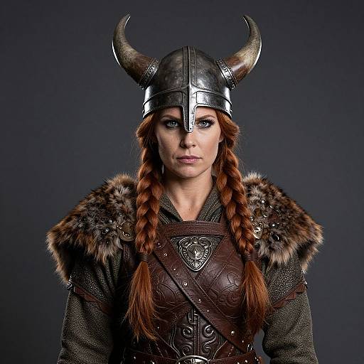 Photograph of a fair-skinned woman with red braided hair, wearing a Viking helmet with horns, fur-trimmed medieval armor, and intense