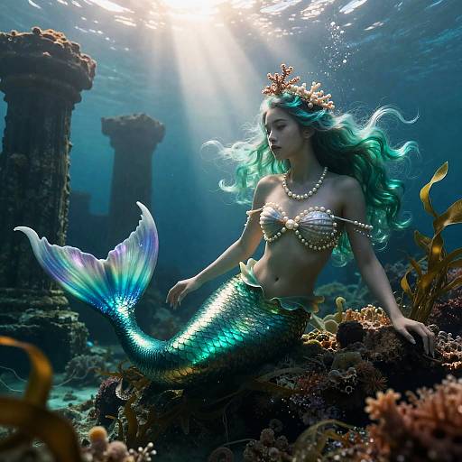 Ethereal Mermaid Amid Sunken Ruins