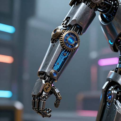 CGI image of a futuristic robotic arm with blue glowing lights and intricate mechanical gears, set against a blurry urban nighttime background with neon lights.
