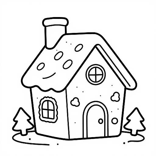 Black and white line drawing of a cute, simple house with a chimney, two windows, a front door, and small trees on either side.