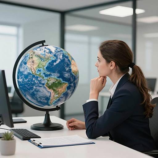 Executive Woman Contemplating Earth at Desk