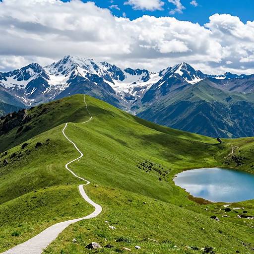 Photograph of a vibrant mountain landscape with green grassy hills, a winding white path, a small blue lake, and snow-capped peaks under a