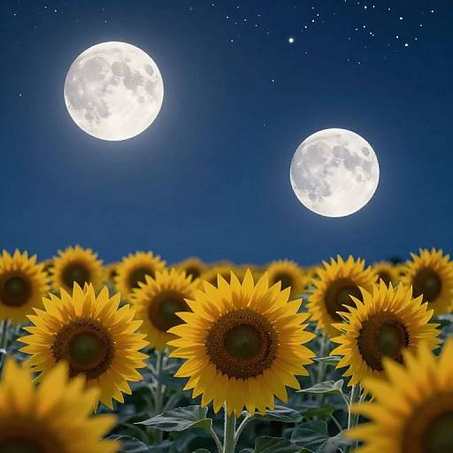 Photograph of a sunflower field under a starry night sky, with two bright, full moons illuminating the scene. Vibrant yellow sunflowers
