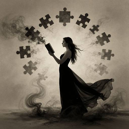 Silhouette of a woman in a flowing dress, holding a book, surrounded by puzzle pieces and smoke, against a glowing backdrop. Digital art.