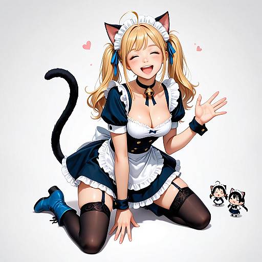 Anime-style digital illustration of a blonde, cat-eared maid with a black and white outfit, kneeling, smiling, waving, and blushing. Hearts