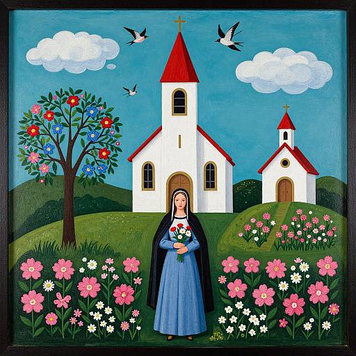 Illustration of a blue-robed nun holding flowers in a vibrant, floral garden before a white church with red roofs and a tree with colorful flowers,