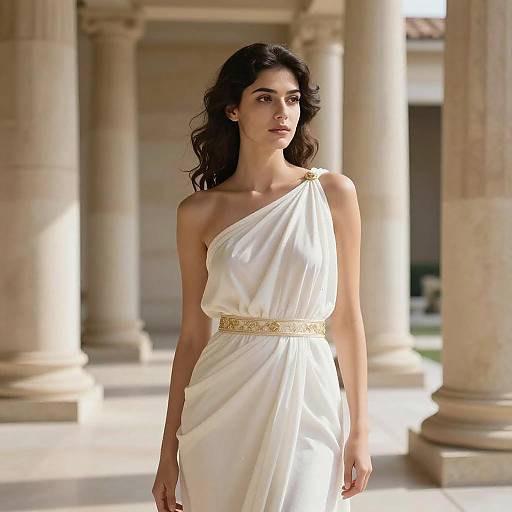Photograph of a slender woman with dark, wavy hair, wearing a white, one-shoulder, Greek-style gown with a gold-buck