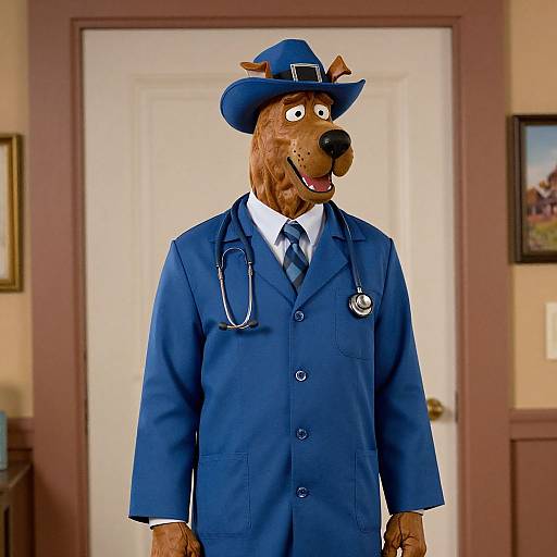 Cartoon brown dog in blue police uniform, hat, tie, stethoscope, smiling, standing in front of white door, framed painting on wall