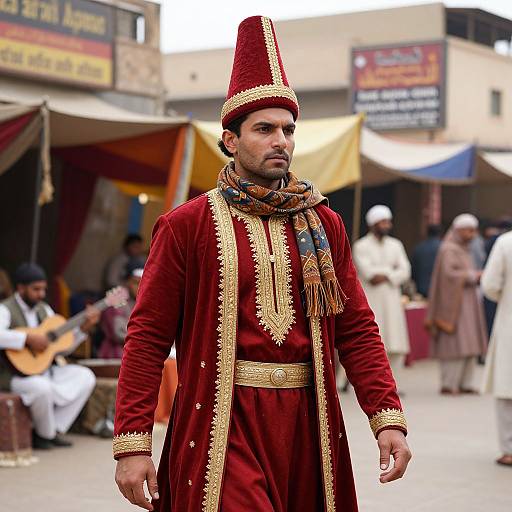 Photograph of a serious-looking man in traditional red and gold embroidered Pakistani attire, with a tall hat and ornate scarf, standing in a bustling outdoor