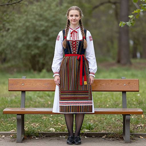 Photograph of a young woman with braided hair, wearing a traditional Polish dress, black stockings, and black shoes, standing on a wooden bench in