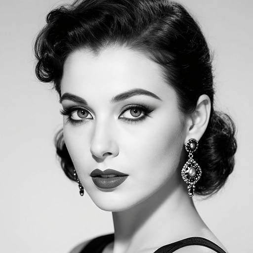 Black-and-white photograph of a glamorous woman with dark, wavy hair, bold eyeliner, dark lipstick, and sparkling earrings, gazing confidently at