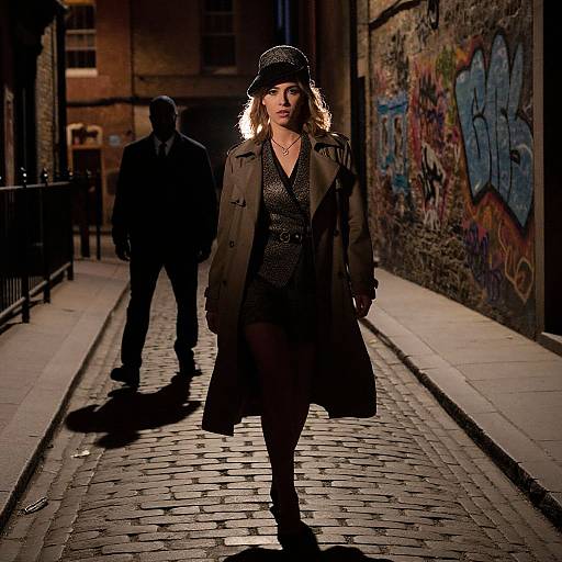 Photograph of a confident woman in a black outfit, green coat, and hat, walking on a dimly lit, graffiti-covered urban alleyway at