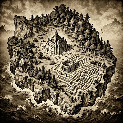 Ink drawing of a floating, forested island with a labyrinth and a medieval church, surrounded by turbulent waves and mist.