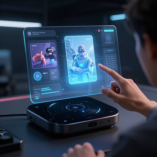 Photograph of a futuristic interface displaying two holographic avatars on a floating tablet, with a hand pointing at the screen.