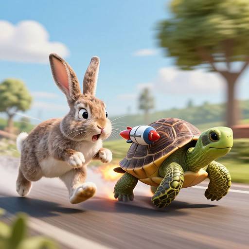 CGI image of a brown rabbit and a green turtle with a red and white cartoonish head racing on a sunny road.